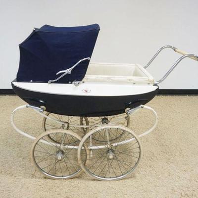1183	VINTAGE PEDIGREE ENGLISH PRAM BABY STROLLER, APPROXIMATELY 24 IN X 53 IN X 45 IN H. SOME WEAR TO CANVAS TOP
