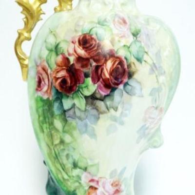 1030	LARGE HAND PAINTED PORCELAIN EWER W/ROSES ON VINES, APPROXIMATELY 17 1/4 IN HIGH
