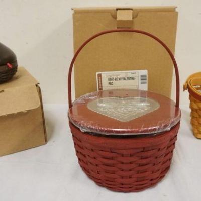 1208	ASSORTED LONGABERGER BASKETS WITH 2009 BE MY VALENTINE, HERSHEY KISS BASKET AND 2001 SWEETHEART
