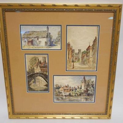 1082	FRAMED AND MATTED WATER COLORS, RURAL AND CONTINENTAL STREET SCENES, APPROXIMATELY 26 IN X 27 1/4 IN
