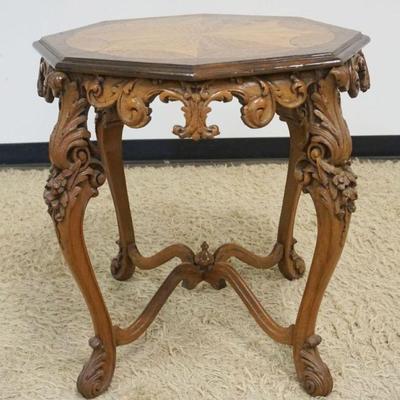 1154	OUTSTANDING CARVED WALNUT LAMP OCCASIONAL TABLE WITH BURL WALNUT INLAY TOP, APPROXIMATELY 27 IN X 28 IN H
