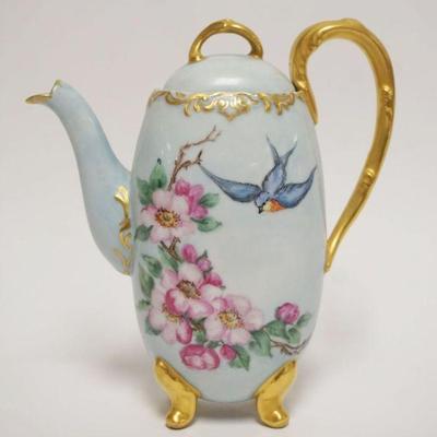 1017	HAND PAINTED PORCELAIN TEAPOT W/IMAGES OF FLOWERS & BLUE BIRDS, GILT ACCENTS & TRIM, ARTIST SIGNED, APPROXIMATELY 8 1/2 IN...