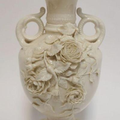 1041	BELLEEK VASE W/APPLIED FLOWERS & SCALLOPED FLAIRED TOP, APPROXIMATELY 13 IN HIGH
