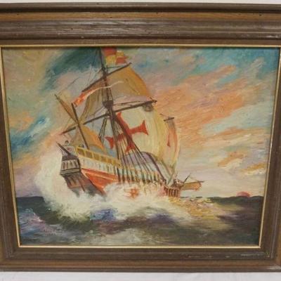 1093	ALICE SCAMPORINO 1950 SIGNED, FRAMED OIL PAINTING ON BOARD, SAILING SHIP, APPROXIMATELY 25 1/2 INX 21 1/2 IN
