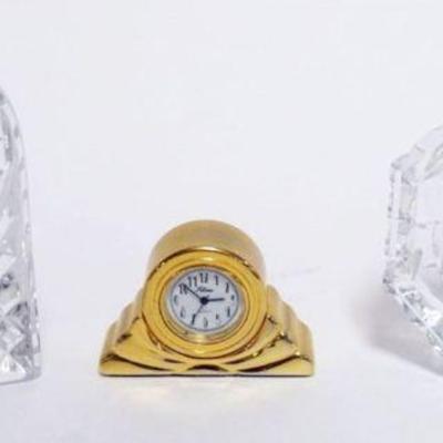 1149	MINIATURE WATERFORD CRYSTAL CLOCKS WITH 1 BRASS, APPROXIMATELY 2 1/2 IN X 3.5 IN
