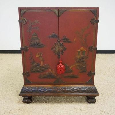 1157	ASIAN LACQUERED CHINOISERIE CABINET, DOVETAILED CASE ON CARVED LOWER BASE,  APPROXIMATELY 32 IN X 19 IN X 44 IN H
