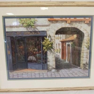 1100	FRAMED AND TRIPLE MATTED PRINT, FRENCH RESTAURANT *LE GRUBER*, ARTIST SIGNED AND DATED, APPROXIMATELY 40 IN X 33 IN OVERALL
