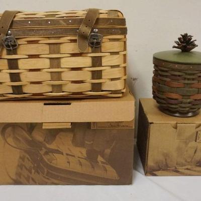 1203	ASSORTED LONGABERGER BASKETS WITH ACORN AND TRUNK BASKET
