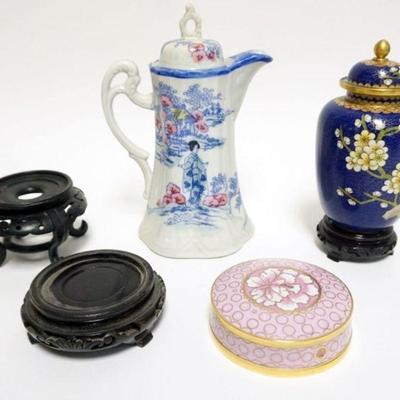 1060	GROUP OF ASSORTED ASIAN ITEMS INCLUDING CLOISONNE VASE AND ROUND COVERED BOX, CHOCOLATE POT AND WOOD STANDS, APPROXIMATELY 7 IN X 9...