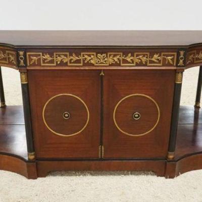 1185	MAHOGANY REGENCY STYLE DOUBLE DOOR, 3 DRAWER SERVER WITH EBONIZED COLUMNS AND APPLIED GREEK KEY AND FLORAL TRIM WITH MIRROR BACK....