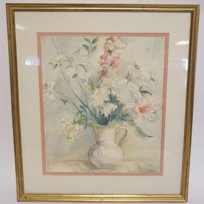 1086	SIGNED MARTNAMAE SHEDD FRAMED WATER COLOR UNDER GLASS, STILL LIFE, APPROXIMATELY 23 N IN X 26 IN OVERALL
