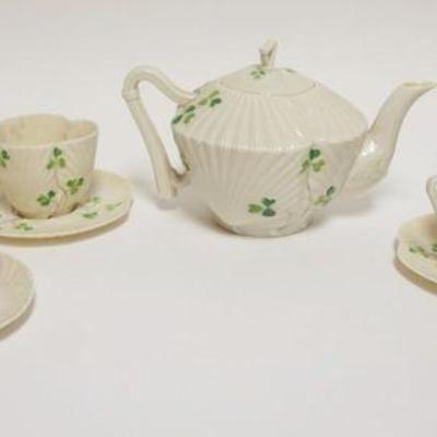1004	BELLEEK TEASET, TEAPOT, 5 TEACUPS & SAUCERS, & 4 IN HIGH VASE
