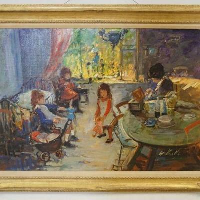 1084	LARGE OIL PAINTING ON CANVAS, SCENE DEPICTING WOMAN SEWING WHILE CHILDREN ARE PLAYING, ARTIST SIGNED LOWER RIGHT, APPROXIMATELY 44...
