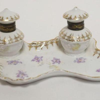 1008	CARLSBAD AUSTRIA PORCELAIN DOUBLE INKWELL W/FLORAL VIOLETS & GILT BORDER, APPROXIMATELY 8 1/2 IN X 3 IN
