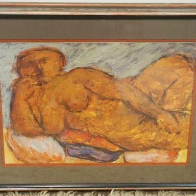 1081	ARNALDO MICCOLI FRAMED AND MATTED PAINTING OF NUDE RECLINING WOMAN UNDER GLASS, APPROXIMATELY 26 IN X 20 IN OVERALL
