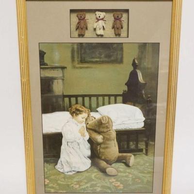 1074	FRAMED VICTORIAN PRINT WITH IMAGE OF CHILD PRAYING WITH HER TEDDY BEAR, WITH 3 MINIATURE TEDDY BEARS IN SHADOW BOX MATT,...