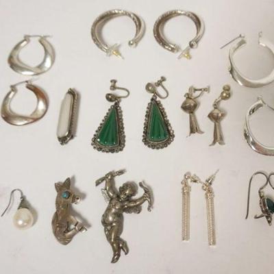 1137	7 PAIRS SILVER EARRINGS AND 3 PINS. 3 PAIRS EARRING MARKED STERLING SILVER, 1.08 TOZ WITH STONES
