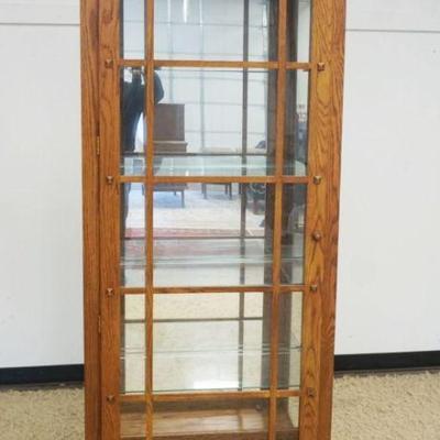 1168	PHILIP REINISCH MISSION OAK STYLE CRYSTAL CABINET WITH LATICE WORK DOOR, MIRROR BACK AND INTERIOR LIGHTS AND 4 ADJUSTABLE SHELVES,...