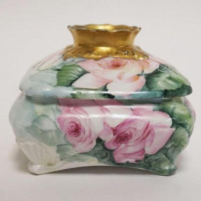 1016	AUSTRIAN HAND PAINTED HAIR RECEIVER, PAINTED ROSES W/GILT ACCENT TOP, ARTIST SIGNED, APPROXIMATELY 5 IN SQUARE X 4 IN HIGH
