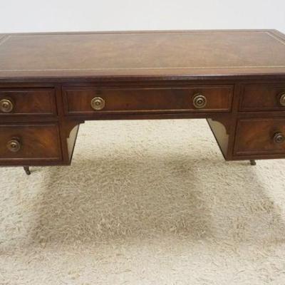 1187	MAHOGANY LEATHER TOP DESK WITH 5 DRAWERS AND PENCIL INLAID TAPERED LEGS, APPROXIMATELY 53 IN X 27 IN X 30 IN H
