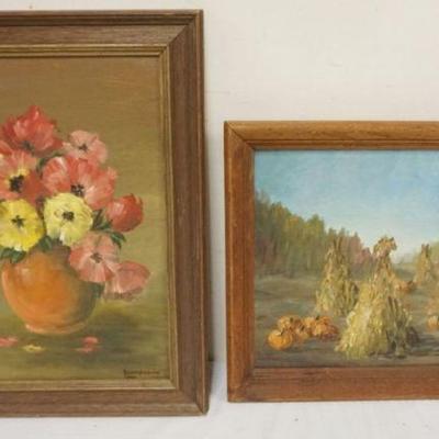 1094	ALICE SCAMPORINO SIGNED, FRAMED OIL PAINTINGS ON BOARD, STILL LIFE AND FALL HAREST, LARGEST APPROXIMATELY 15 1/2 IN X 20 IN OVERALL
