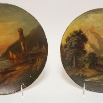 1063	2 OIL PAINTINGS ON PLATES, HARBOR SCENE ON PAPER MACHE AND MILL WITH WATER WHEEL ON REDWARE, GALLOWAY & GRAFF CO. PHILADELPHIA,...