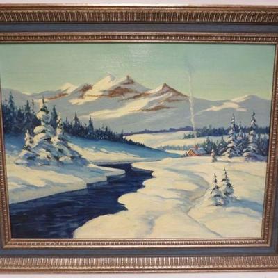 1077	OIL  PAINTING ON BOARD, WINTER SCENE, CABIN ALONG STREAM BY MOUNTAIN SIDE, APPROXIMATELY 29 IN X 23 IN OVERALL, UNSIGNED
