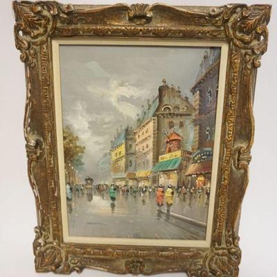1085	JACQUES MARCHAND OIL PAINTING ON CANVAS, FRENCH STREET SCENE, APPROXIMATELY 17 IN X 21 IN
