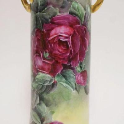 1013	BAVARIAN PORCELAIN HAND PAINTED VASE, DOUBLE HANDLED W/ROSES & GILT ACCENT HANDLES & TRIM, APPROXIMATELY 11 1/2 IN HIGH

