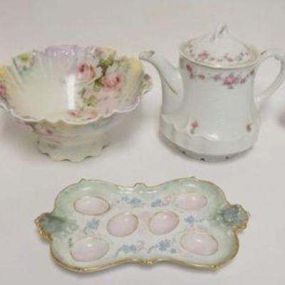 1037	GROUP OF ASSORTED DECORATED CHINA INCLUDING AUSTRIAN TEAPOT, WARWICK & LIMOGES TRAY, LIMOGE EGG DISH, ETC, TALLEST APPROXIMATELY...