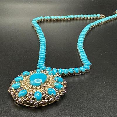 Sale Photo Thumbnail #20: Turquoise, sapphire and diamond necklace on 14k gold setting, appraisal certificate included