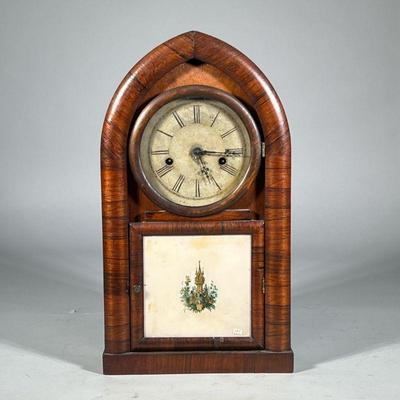 BURLWOOD SHELF CLOCK | With painted glass panel door; no. 145

