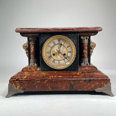 WATERBURY FAUX MARBLE CLOCK | Waterbury Clock Co. faux marble painted wood mantel clock, with faux red marble, applied metal bracket feet...