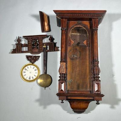 CARVED WOOD CLOCK CASE & PARTS | Carved wood wall clock case with parts including pendulum chime and more! Includes carved accent...
