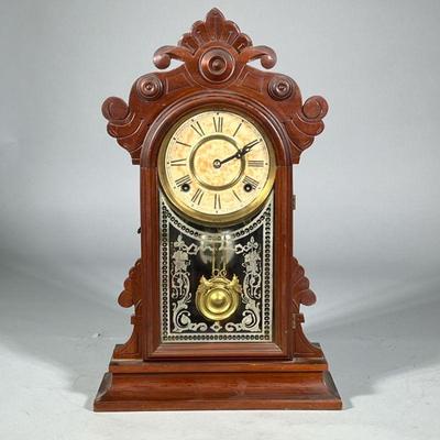 CARVED WOOD SHELF CLOCK | With Roman numerals; no. 416

