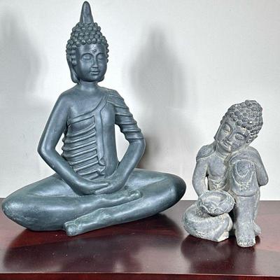 (2pc) PAIR BUDDHA STATUES | Pair of ceramic Buddha statues, one with tea candle holder, one in prayer/mediation pose. - h. 19 x w. 16.5 x...