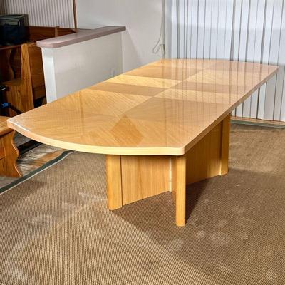 CONTEMPORARY ITALIAN DINING TABLE | Contemporary Italian extending leaf dining table with geometric wood veneer and X-form base. - h. 31...