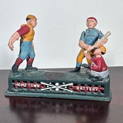 BASEBALL COIN BANK | Metal coin bank with moving baseball scene on top, place coin in pitchers hand and he will throw the coin into the...