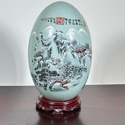CERAMIC CHINESE EGG | Ceramic egg with cracked glaze and Chinese design. - h. 12.5 x dia. 8 in

