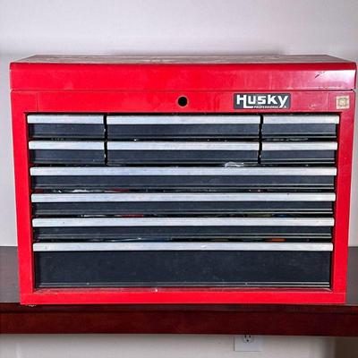 HUSKY PROFESSIONAL TOOLBOX & TOOLS | Husky workbench toolbox with opening top, 10 drawers and large lot of hand tools including...