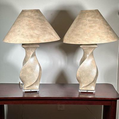 (2pc) KARL SPRINGER STYLE TWISTED LAMPS | Pair of composition twisted/spiral table lamps with stone design in the style of Karl Springer....