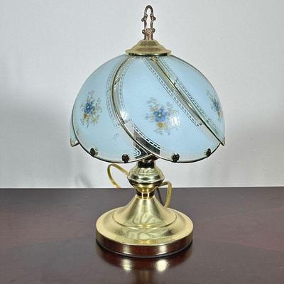 FLOWER DECORATED DESK LAMP | Brass desk lamp with painted glass shade decorated with flowers. - h. 14 x dia. 9 in

