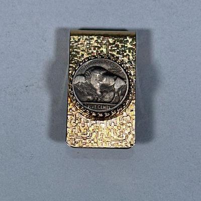 BUFFALO NICKEL MONEY CLIP | Gold-tone money clip with Buffalo nickel mounted on front, engraved on back "MAG" - w. 1 x l. 2 in

