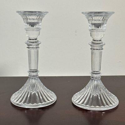 (2pc) PAIR FLUTED GLASS CANDLESTICKS | Pair of fluted glass candlesticks. - h. 5.5 x dia. 3 in

