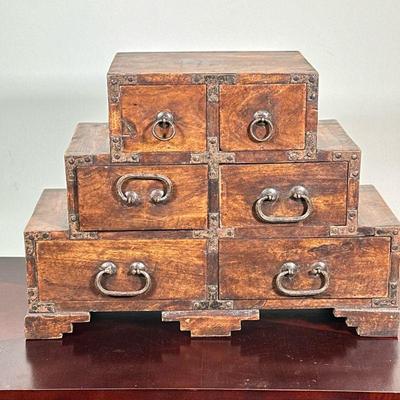 WOODEN JEWELRY CASE | Wood jewelry case with 3 rows of graduating drawers to hold jewelry or other knickknacks. - h. 12 x w. 17.25 x d....