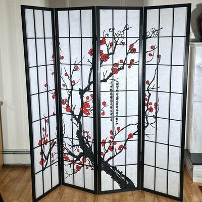 CHERRY BLOSSOM PANELED FOOM DIVIDER | Cloth & wood frame 4-panel room divider with cherry blossom design. - h. 70 x w. 17 in (per...