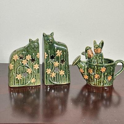 (3pc) ANIMAL POTTERY | Including 2 ceramic tealight candle holders with cats, and ceramic watering can with birds. - h. 6 x w. 2.25 x l....