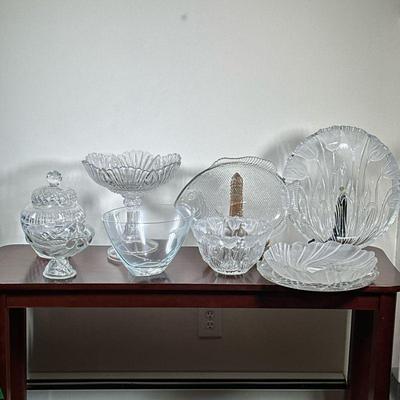 (9pc) CRYSTAL & GLASS PLATTERS & BOWLS | Including: NIB Mikasa platter, BLOCK crystal flower platter & bowl, cut crystal...