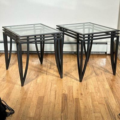 (2pc) PAIR ALUMINUM & GLASS SIDE TABLES | Pair of inlay glass top black painted aluminum bedside tables. - h. 21.75 x w. 20 x l. 24 in

