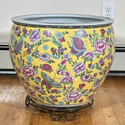 MONUMENTAL FLORAL PLANTER | Large ceramic planter decorated with flower and butterflies. - h. 15 x dia. 18 in

